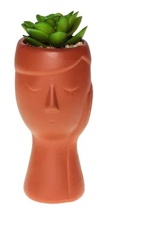 Vaso Cachepos De Cerâmica Face Rosto Planta Artificial 14cm - Foto 3