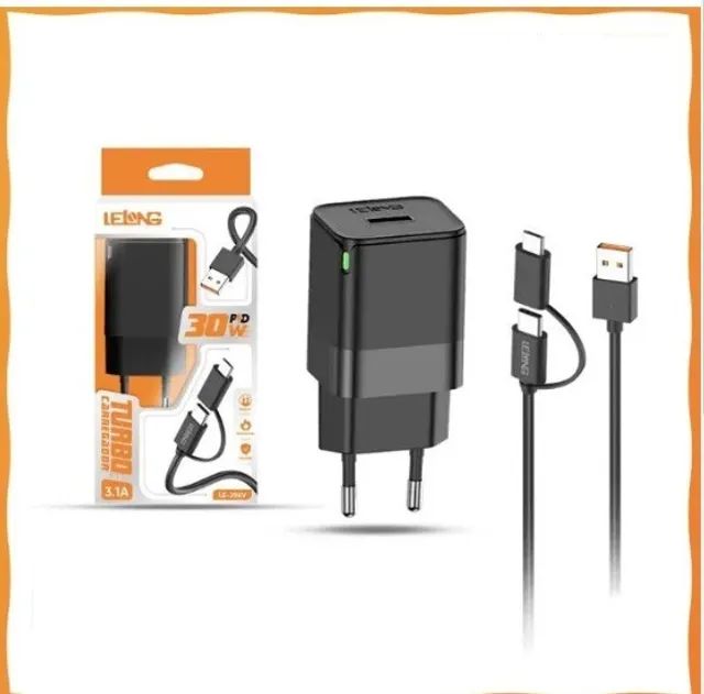 carregador turbo tipo c e micro usb v8 le297 lelong 3.1a 30w