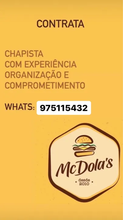 Estamos contrato chapista Para hamburgueria com experiência