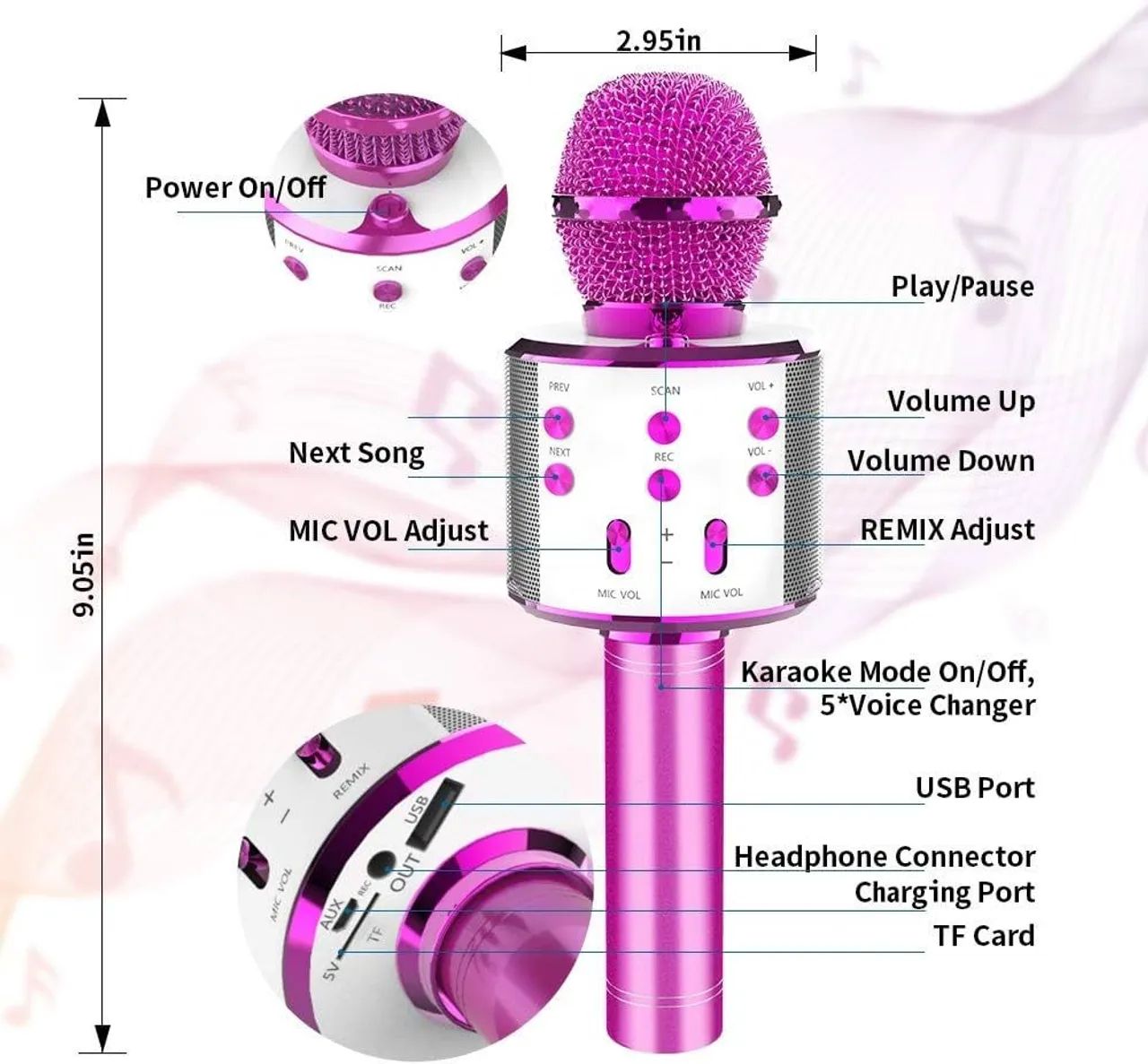 Microfone Karaoke Infantil Rosa com Bluetooth e Luzes - Foto 2