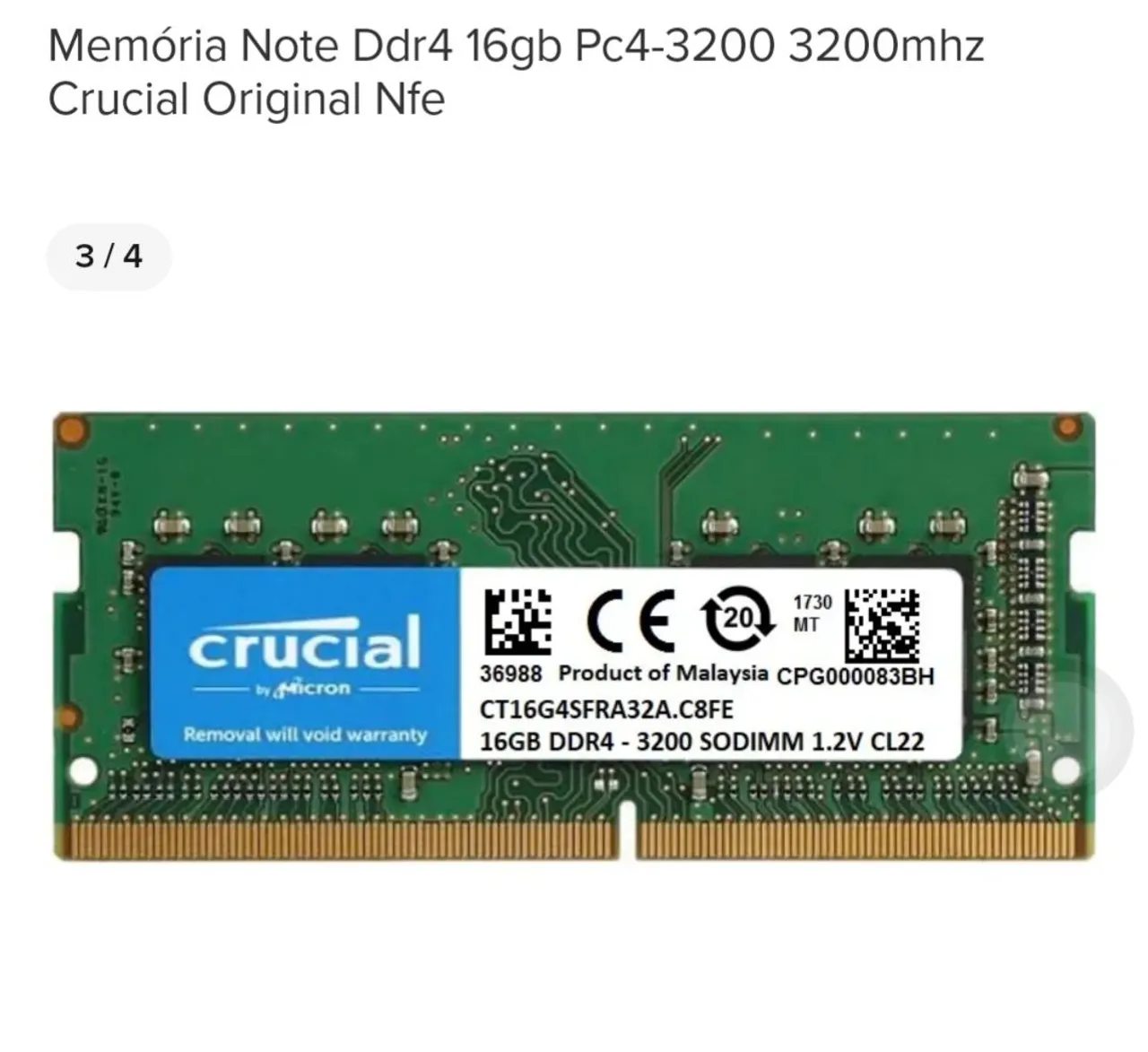 Memória RAM Crucial DDR4 16GB 3200MHz SODIMM