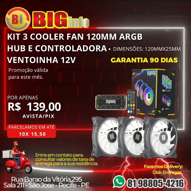 KIT COOLER FAN RGB 120MM COM CONTROLADORA - REVENGER  