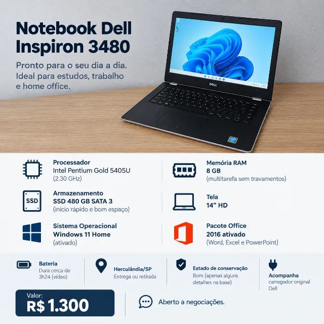 NOTEBOOK DELL INSPIRON 3480 - SSD 480GB + 8GB RAM