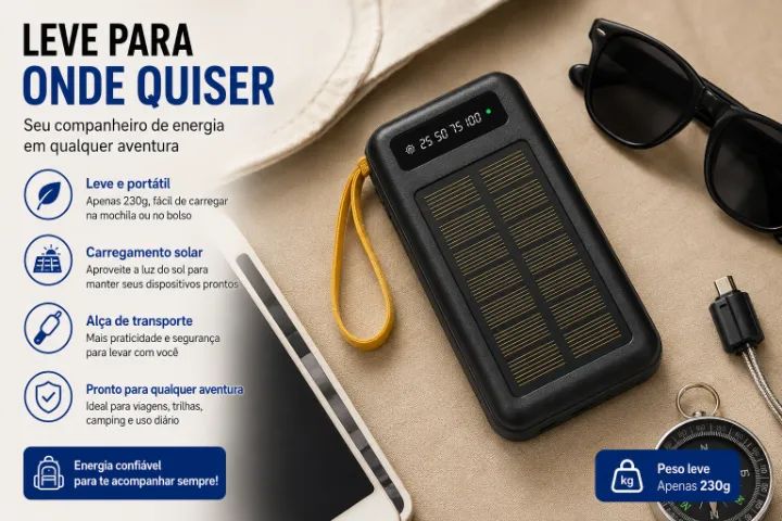 Power Bank BLACKULTRA 20000mAh Solar com 4 Cabos Embutidos USB-C Micro USB e iOS