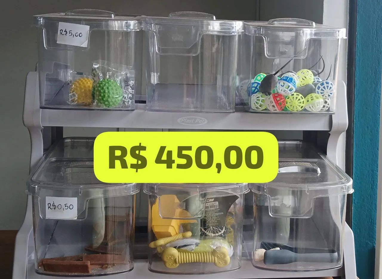 Dispenser Expositor de Balcão Plast Pet PVD cinza com 6 potes Pet Shop