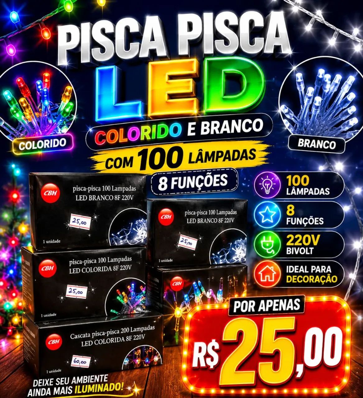 Pisca pisca led colorido e branco com 100 lâmpadas 8 funções