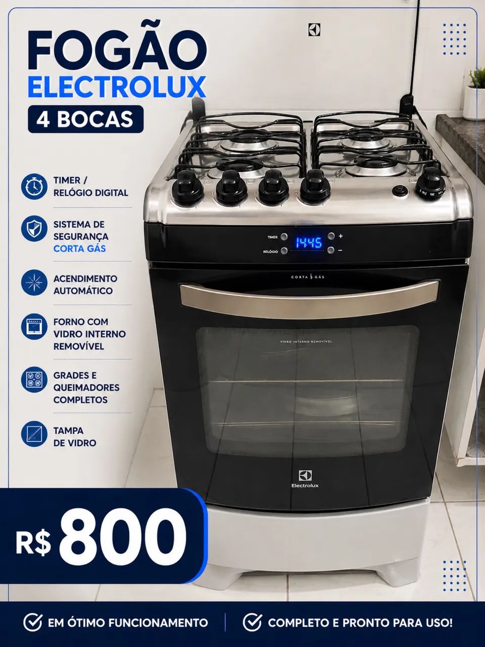 Fogão Electrolux 4 bocas com timer e Corta Gás