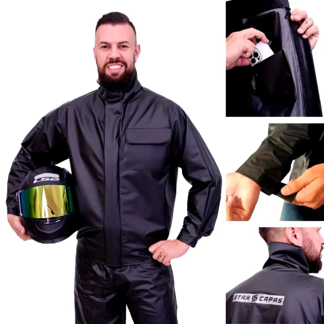 Conjunto Capa Chuva Moto Emborrachada Impermeável Com Gola Flex EXGG - Foto 3