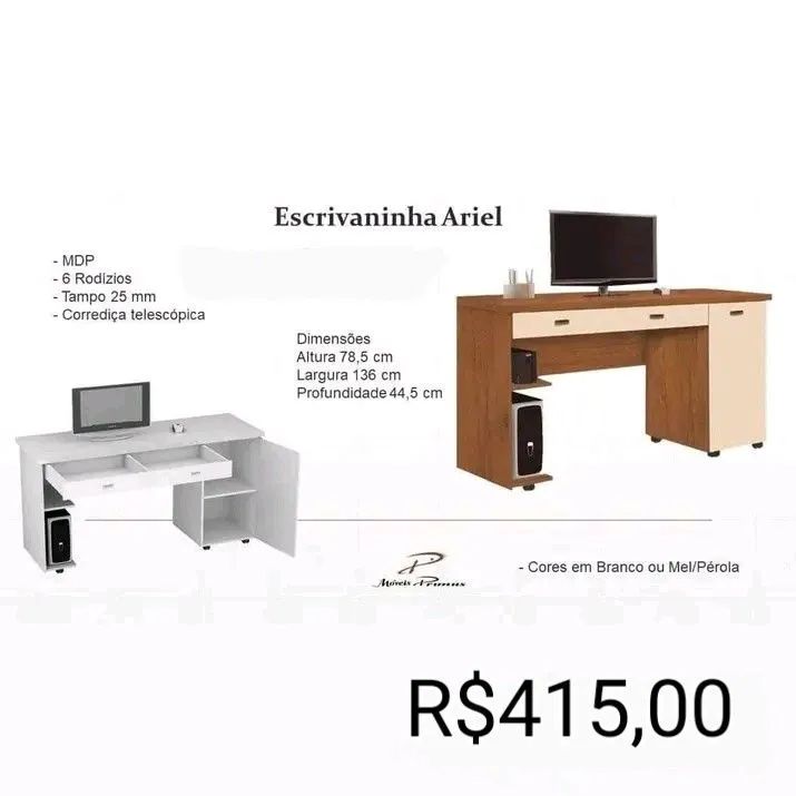 Escrivaninha Ariel - Cores em Branco ou Mel/Pérola