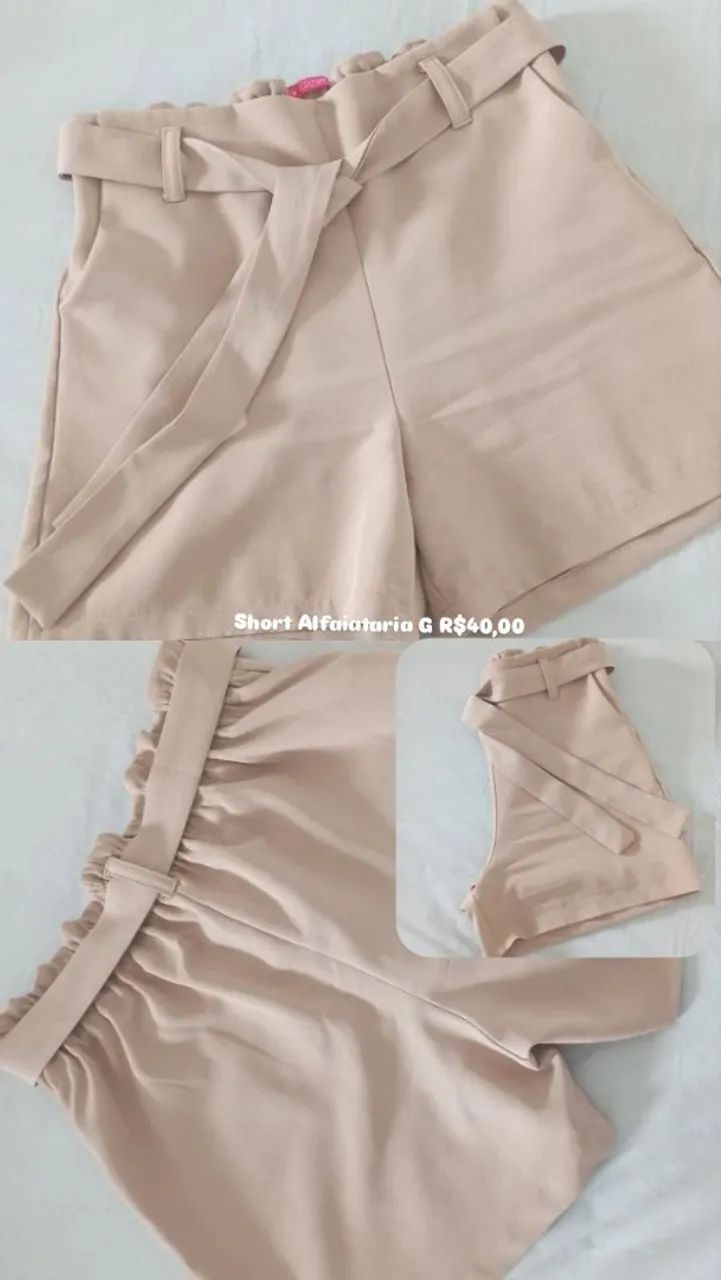 Short Alfaiataria bege com cinto - Foto 5