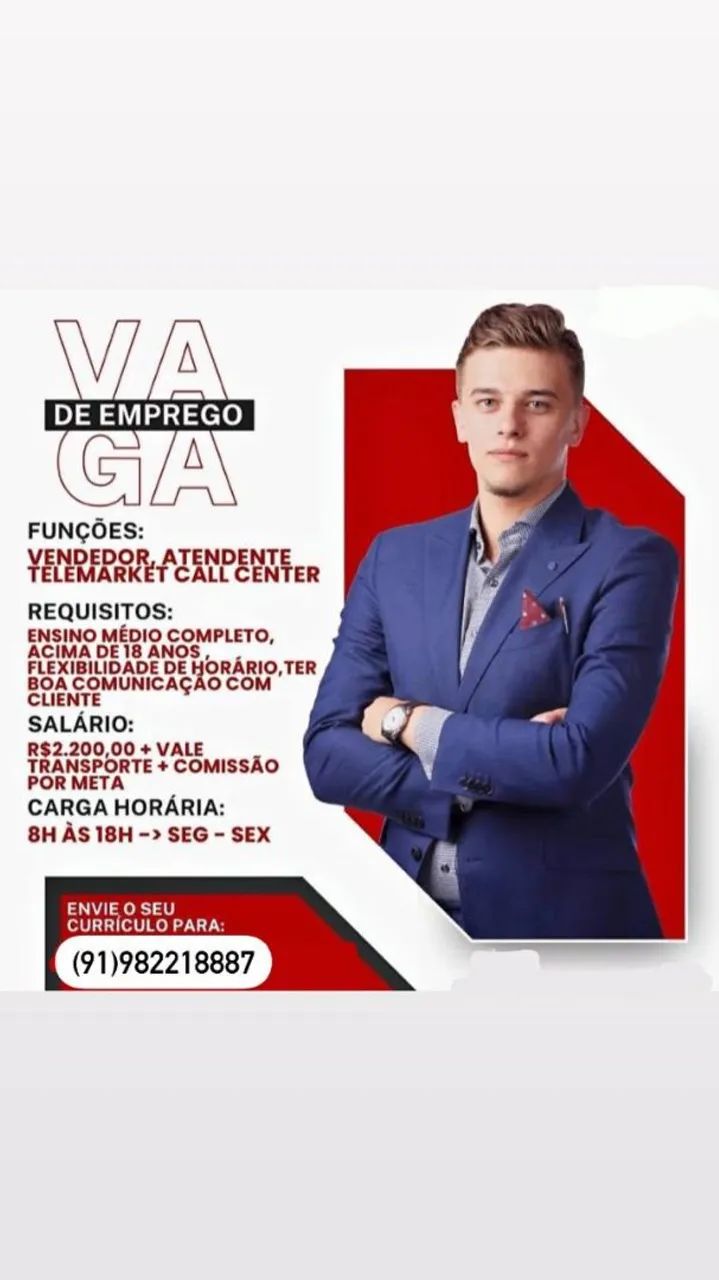 Vaga Telemarketing Call Center - R$ 2.200,00 + Vale Transporte + Comissão