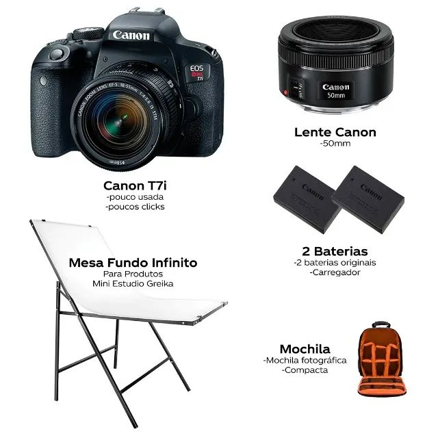 Canon T7i + Kit Fotográfico com lente 50mm, mesa fundo infinito, bateria extra e mochila
