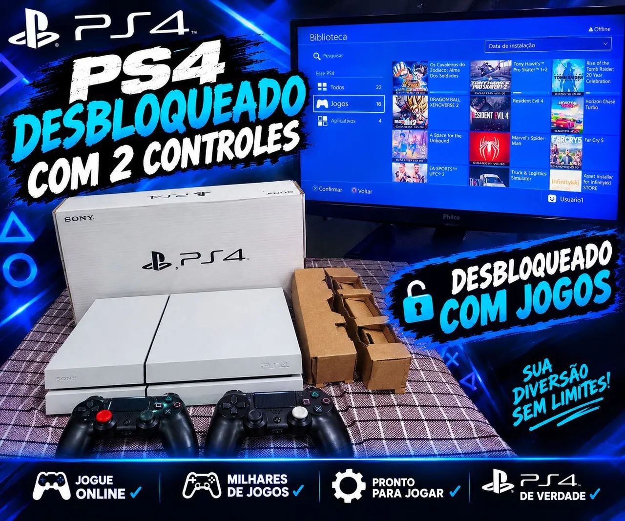 Ps4 DESBLOQUEADO jogos+ 2 controles 
