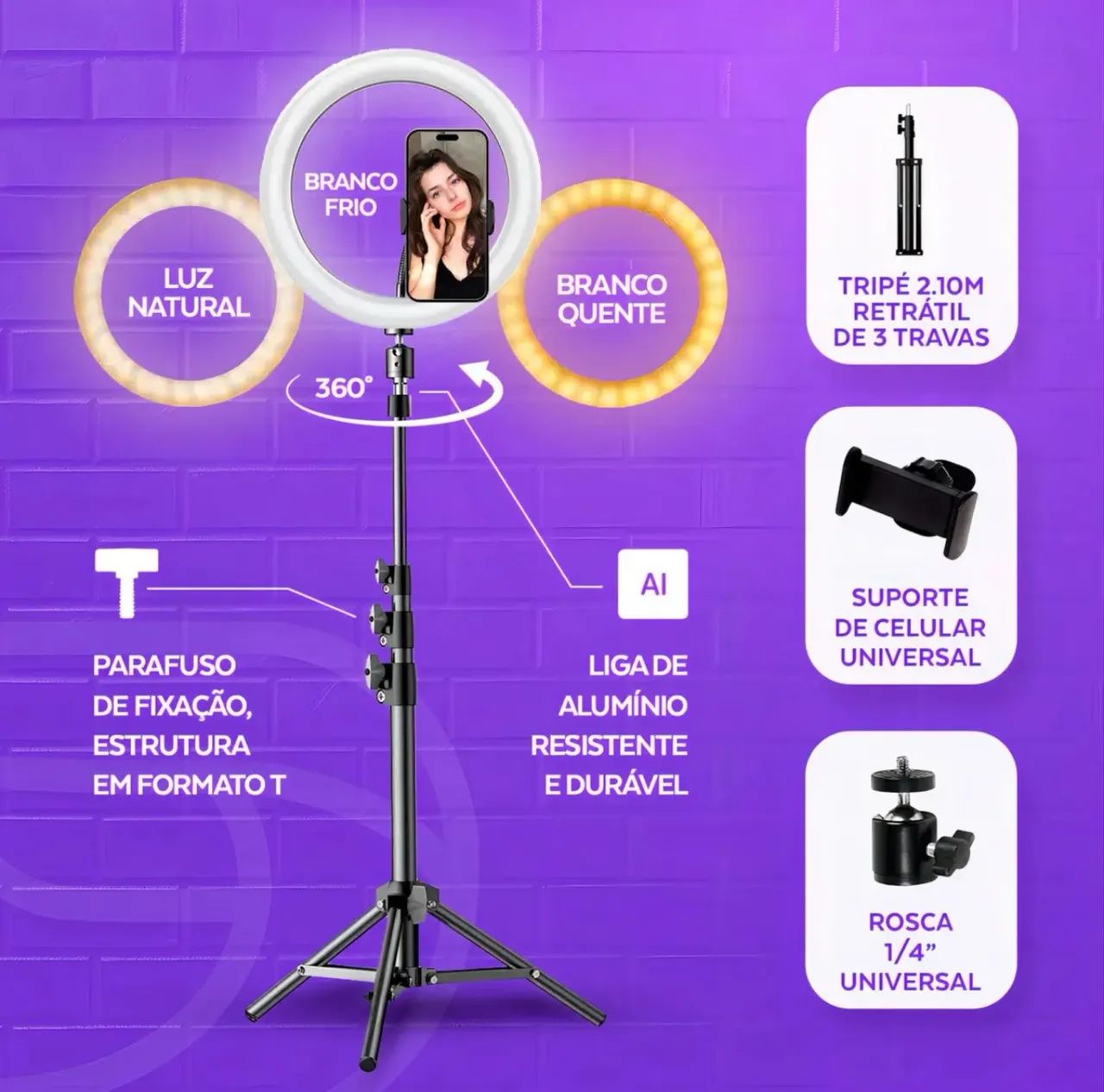 Kit 2 Right Light Led PROFISSIONAL controle Bluetooth- luz 3 tons de branco Nicole - Foto 4