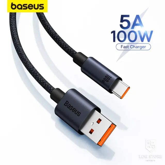Cabo Baseus USB A com Tipo C 100W Turbo Reforçado para Android - Novo com Garantia
