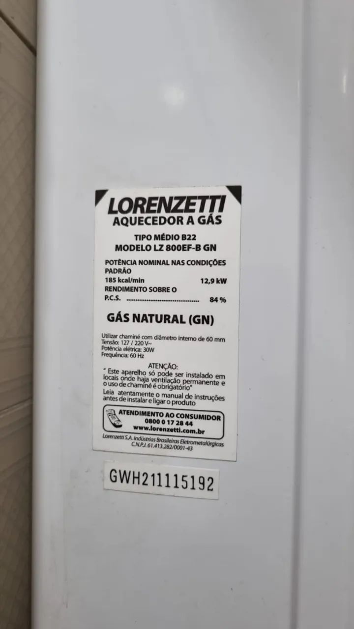 heater8枚セット Aquecedor a gás (GN) Lorenzetti 8 litros, exaustão forçada, modelo