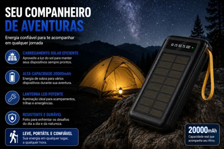 Power Bank BLACKULTRA 20000mAh Solar com 4 Cabos Embutidos USB-C Micro USB e iOS - Foto 2