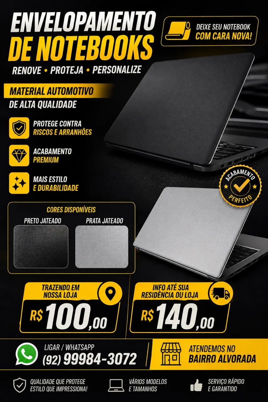 Design novo e envelopamento do seu Notebook consulte-Nos