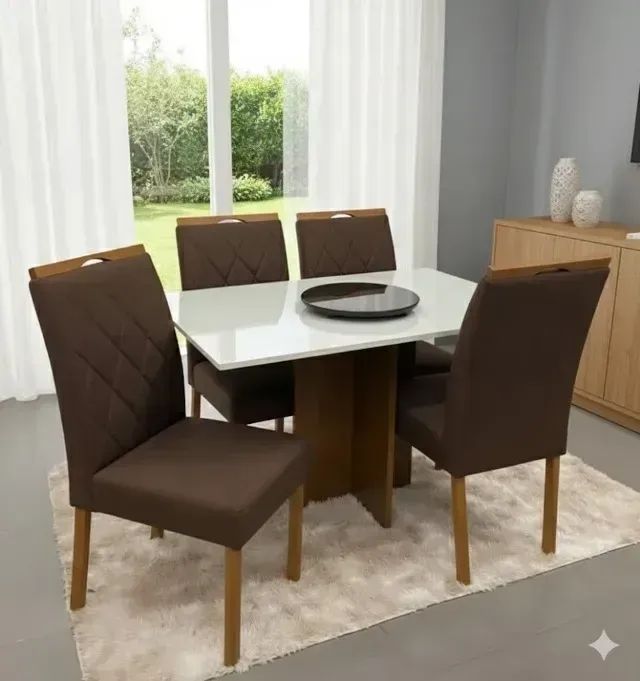 Mesa de jantar Premium com tampo de vidro e cadeiras de madeira maciça - Foto 2