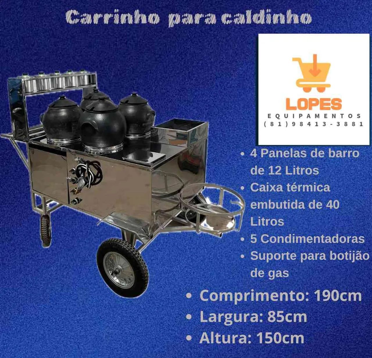 Carrinho para caldinhos,sopas e ensopados em inox até 10x sem juros no cartão 