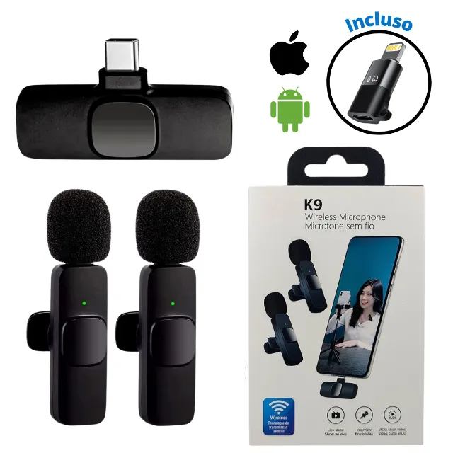 Microfone Lapela Tipo C Sem Fio Celular Android iPhone Com Adaptador Usb-C Lightning