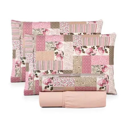 Jogo de Lençol Patchwork Rosa 04 Peças