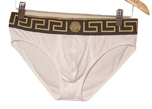 Cueca Versace Greca Border - Branca com Cintura Preta e Detalhes Dourados - Tamanho 5 - Us