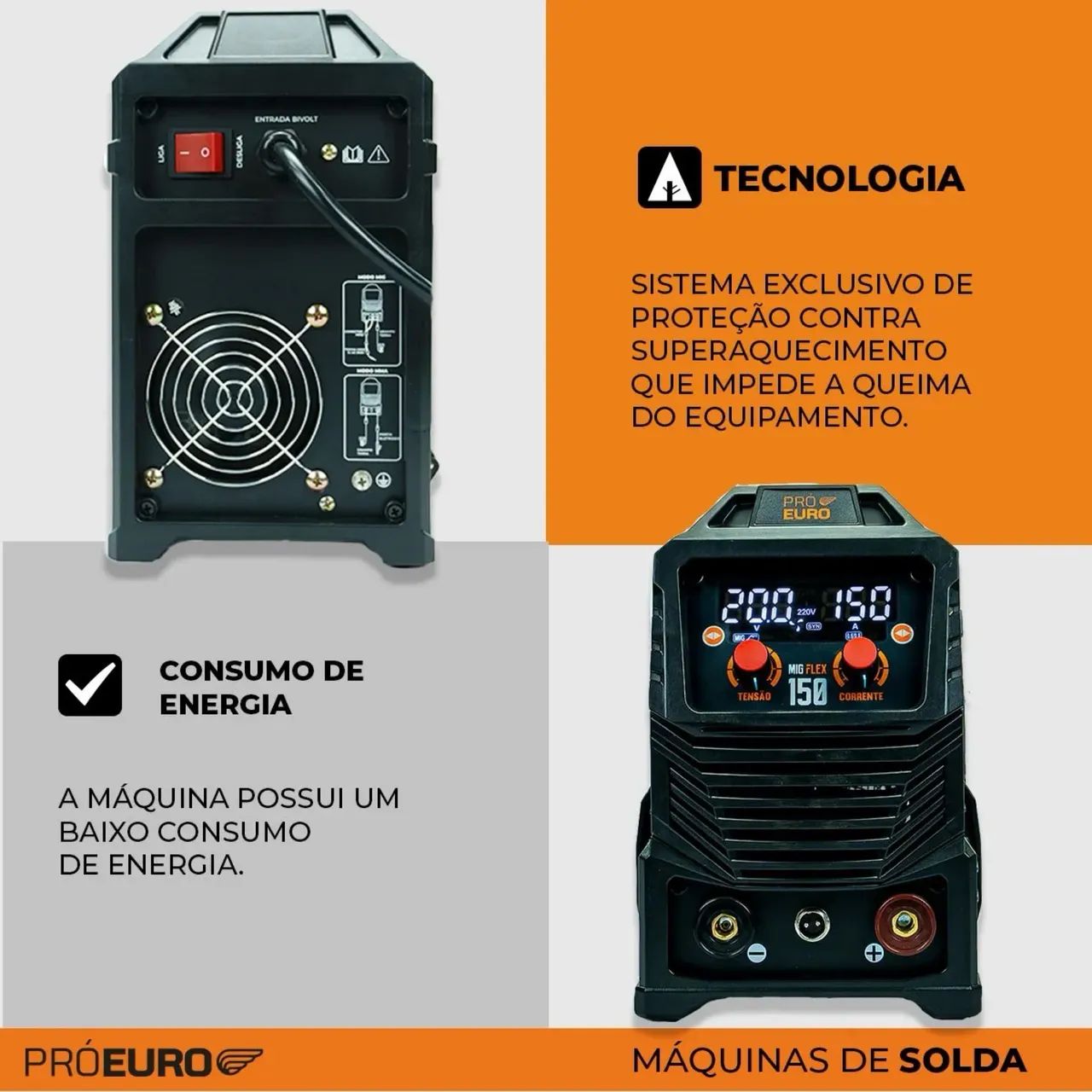 Máquina Solda Inversora Mig 150a Sem Gás Tig Lift Start Rápido Cor Laranja/Preto Pró Euro - Foto 2