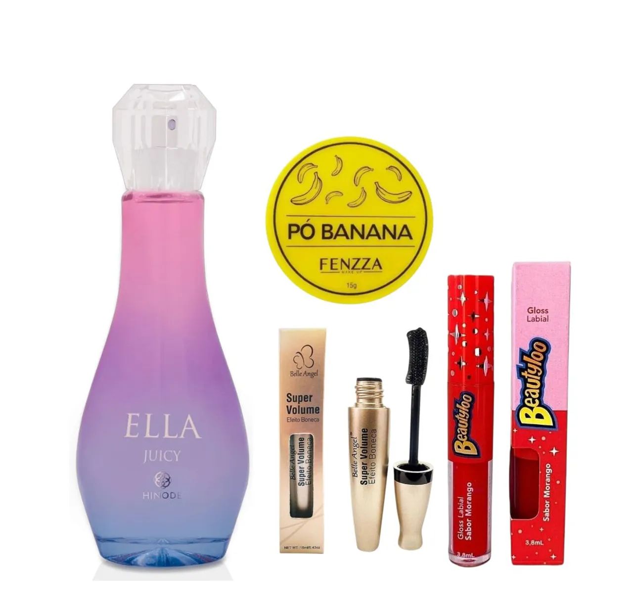 Kit de Maquiagem Completo: Perfume, Máscara, Gloss e Pó Banana