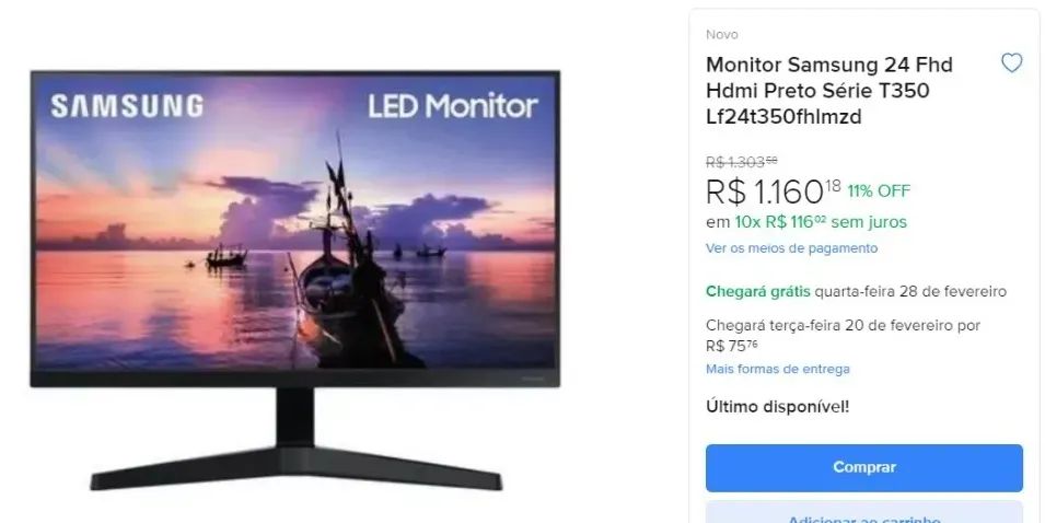 Monitor Gamer NOVO LACRADO Samsung 24" FHD 75Hz HDMI VGA Freesync Preto - Foto 3