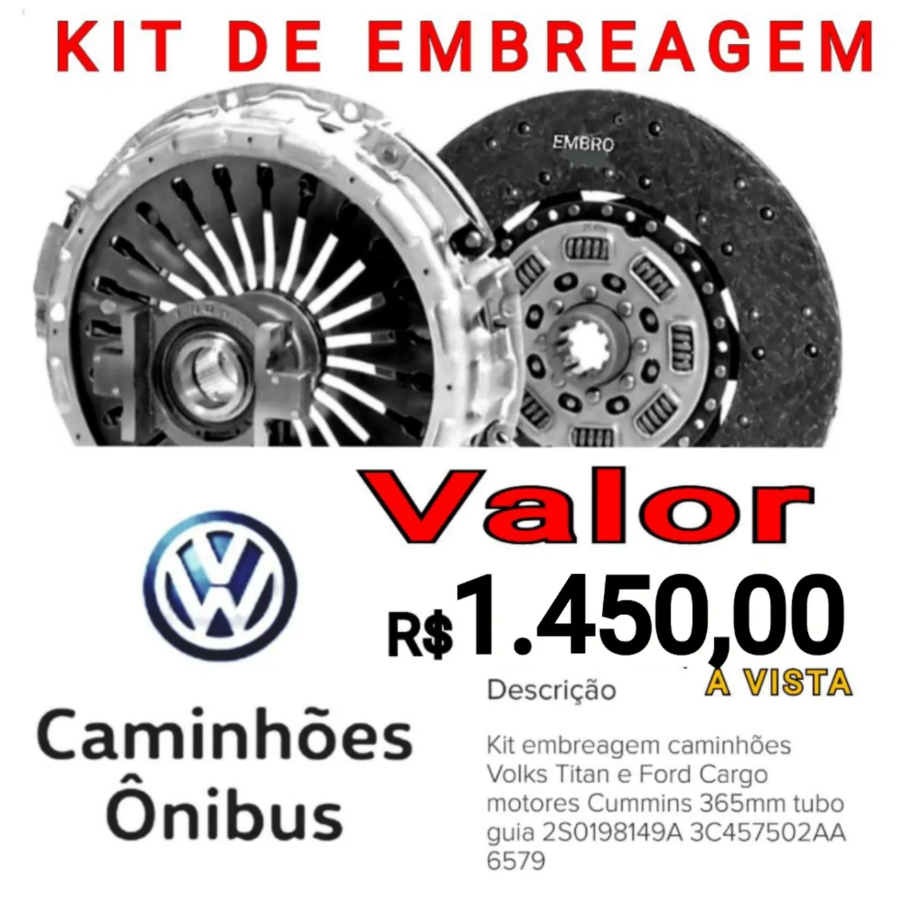 EMBREAGEM PLATO E DISCO DO CAMINHÃO VOLKSWAGEN COM 365 MM