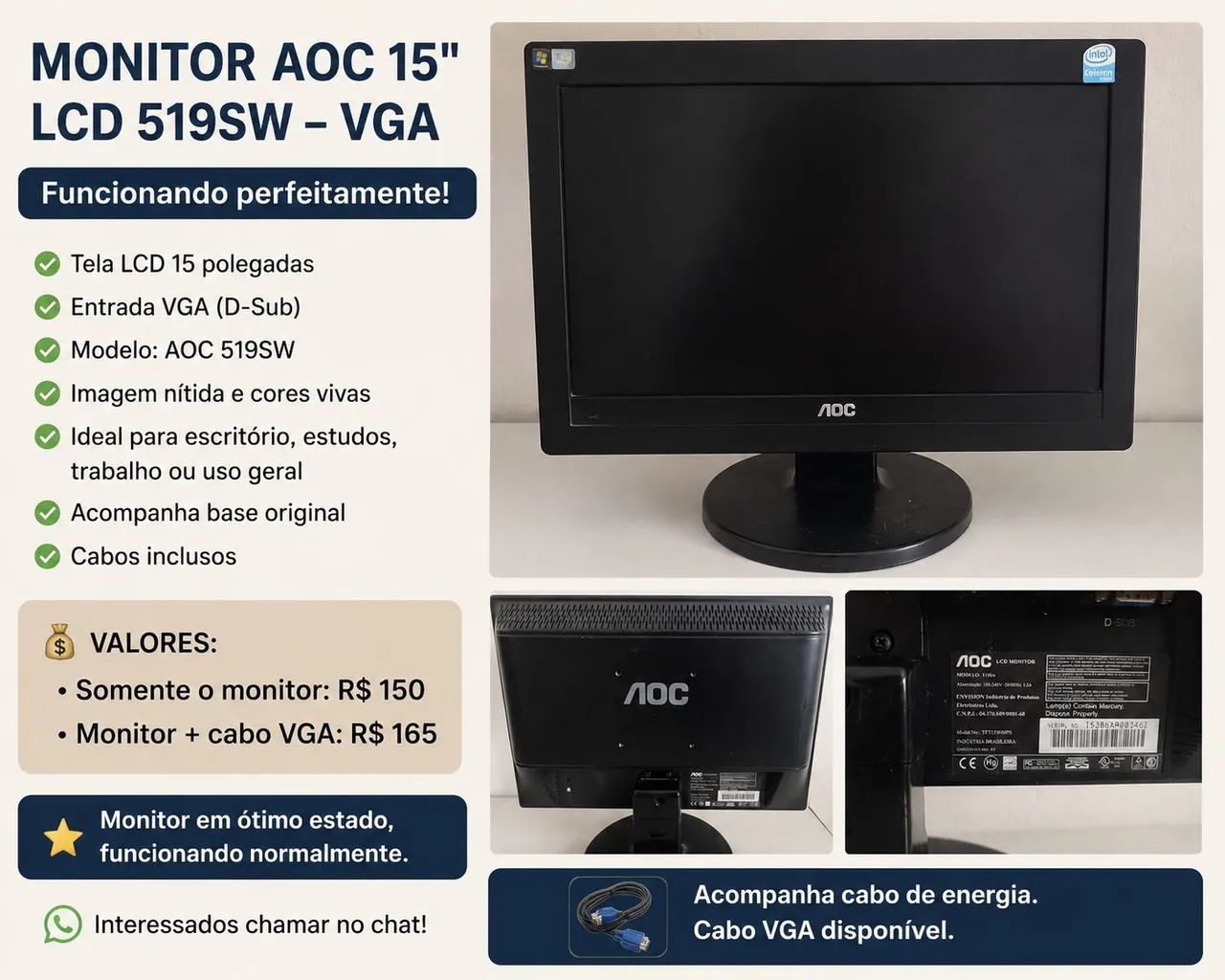 Monitor AOC 15" LCD 519SW-VGA-Funcionando Perfeitamente - Foto 4