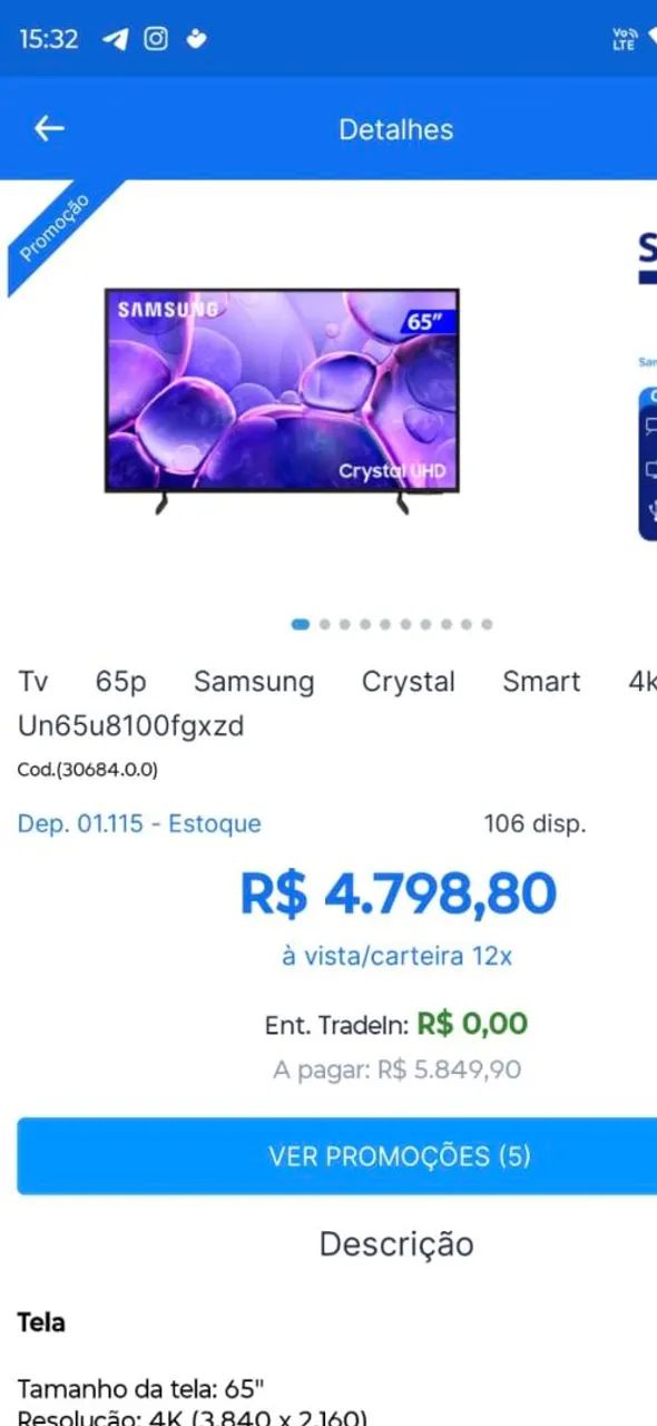 Tv smart 65 semi nova 