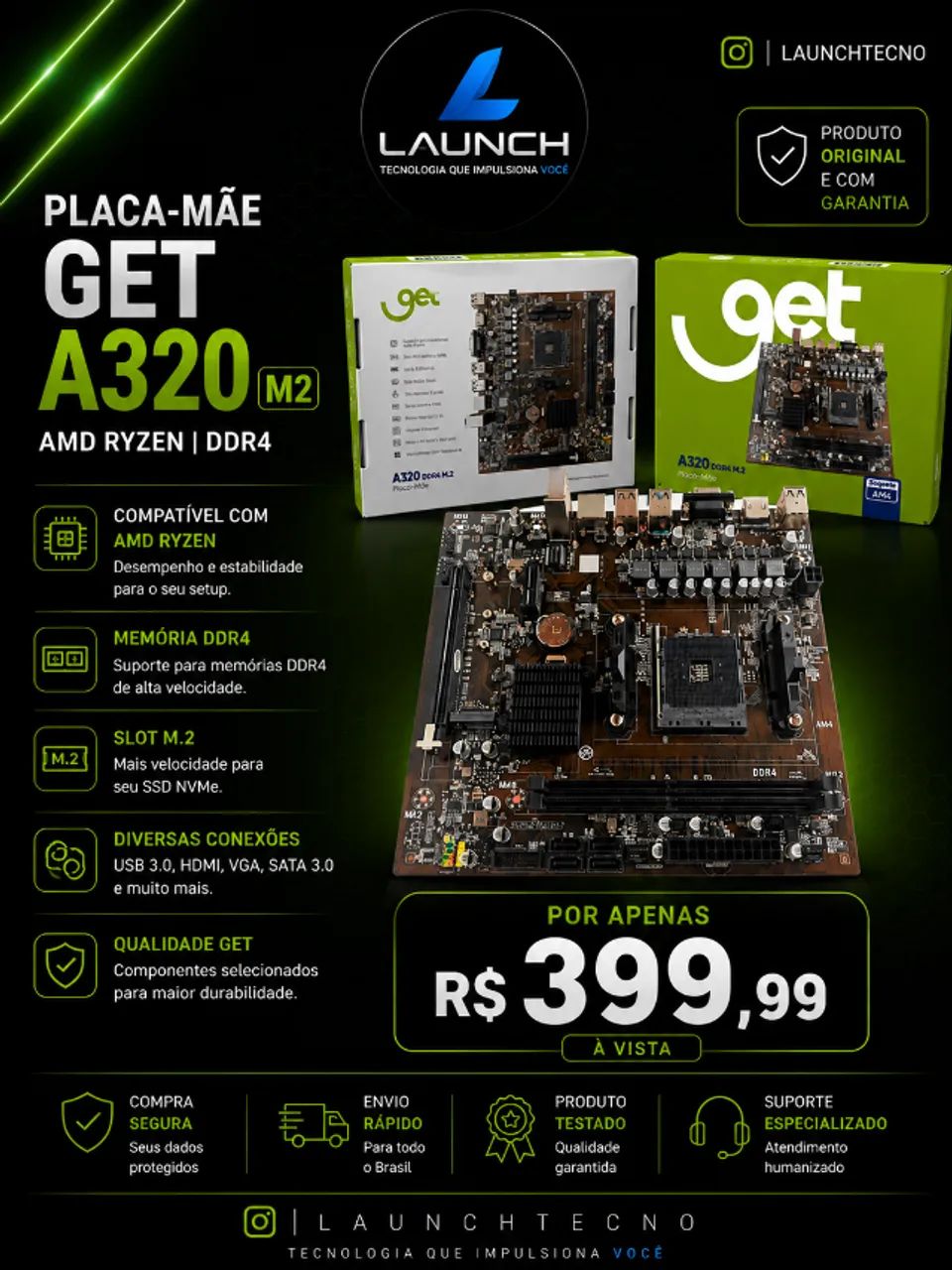  Placa-Mãe Get A320 M2 AMD Ryzen DDR4