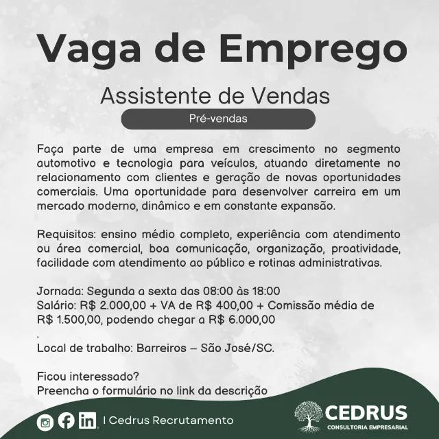  Pré-vendas / Assistente de Vendas - Comercial