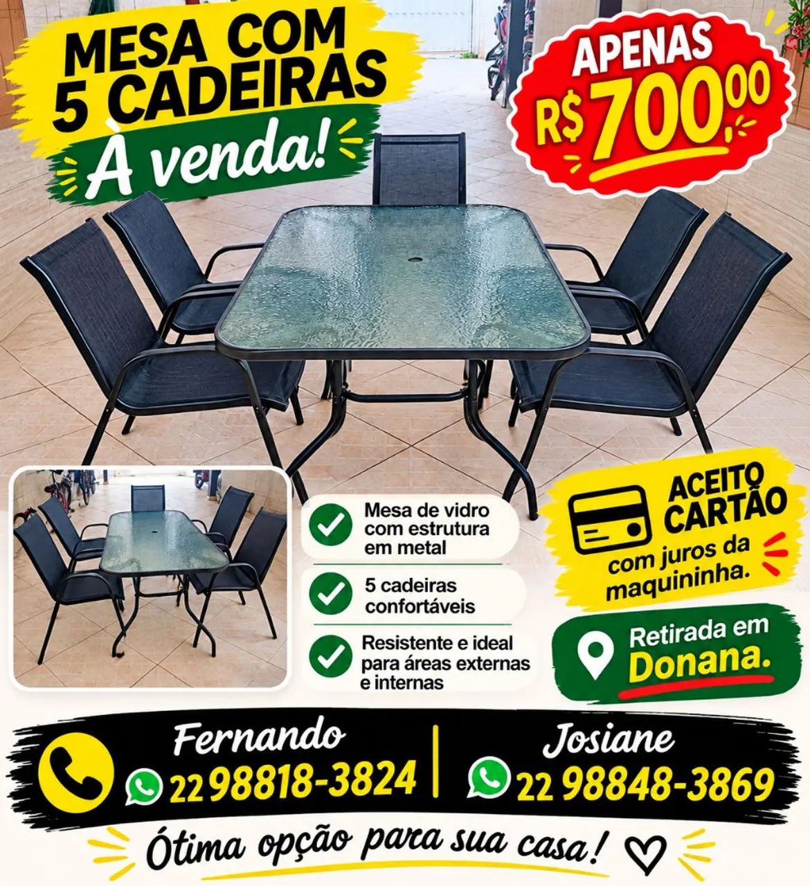 Mesa tampo de vidro com 5 cadeiras