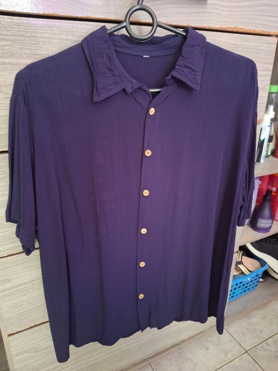 Camisa de linho masculina azul marinho - Foto 3