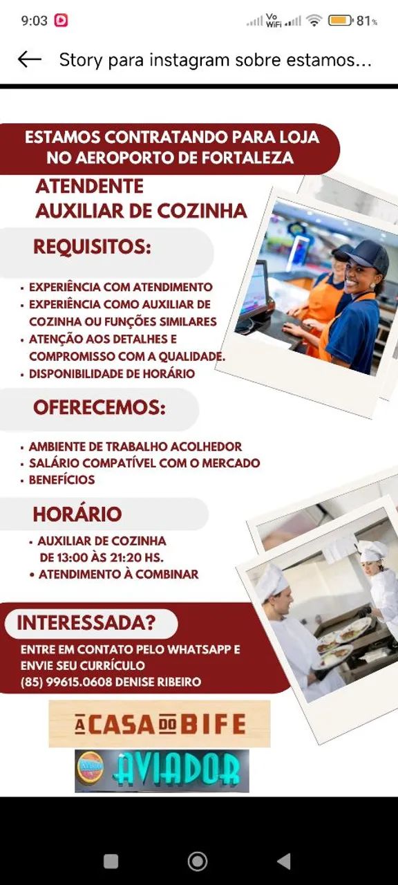 Vaga de atendente e auxiliar de cozinha