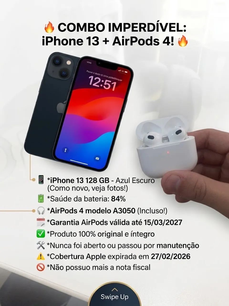 Apple iPhone 13 & AirPods Pro セット iPhone 13 - 128GB com AirPods4 - Celulares e Smartphones - Jardim