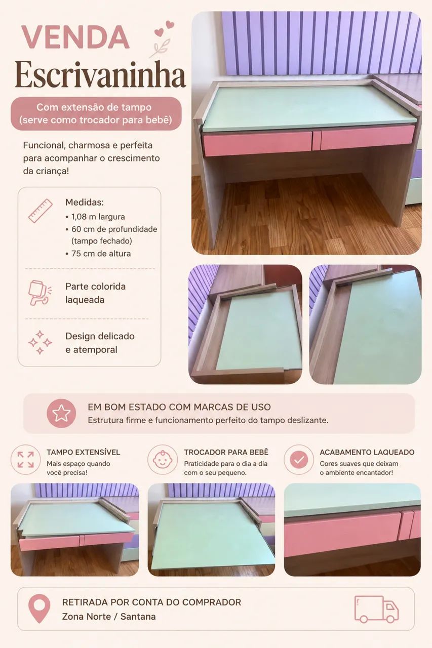 Escrivaninha com extensão do tampo (serve como trocador para bebê)  - Foto 4