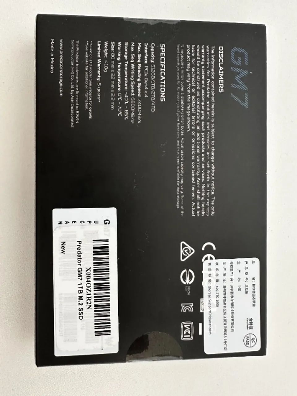 NVMe M.2 SSD Acer Predator GM7 1TB, Preto, Novo, Gen4 x4, 7.4GB
