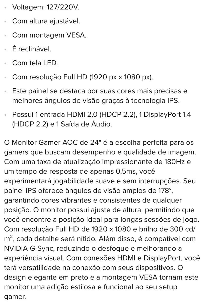 Monitor AOC Gaming 180hz - 24 polegadas - Foto 5