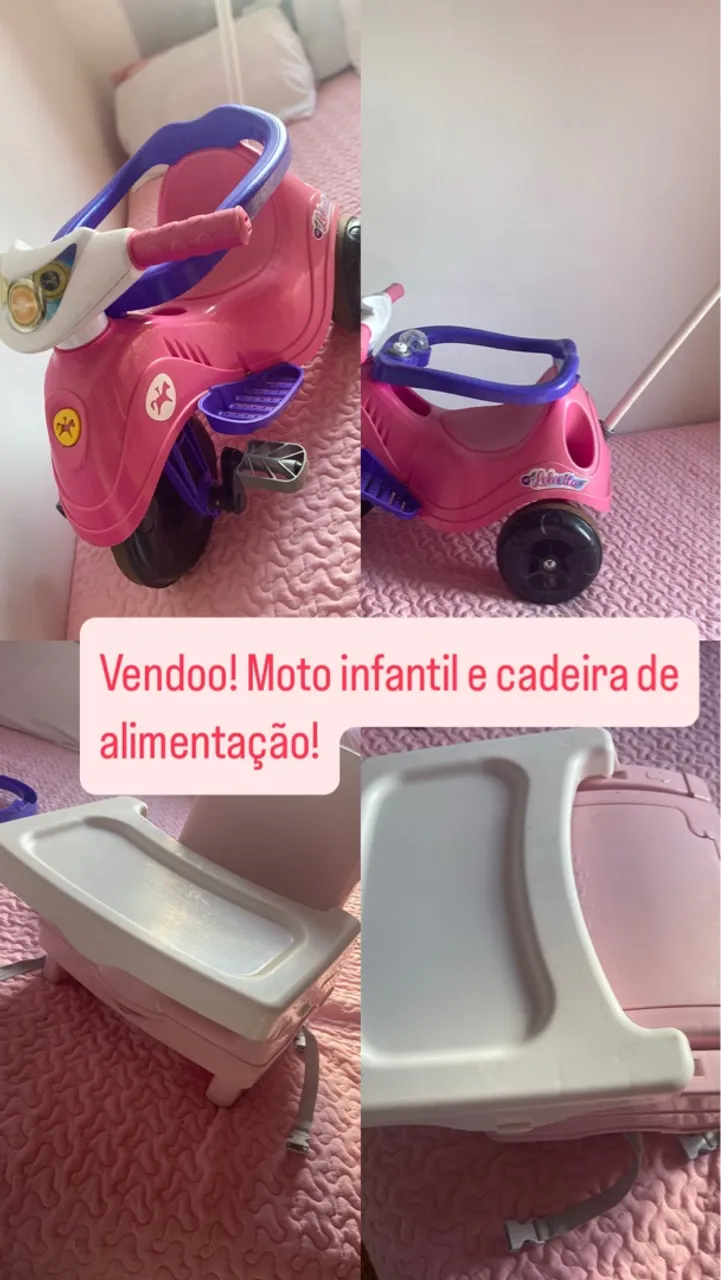 Moto infantil e cadeira de alimentação