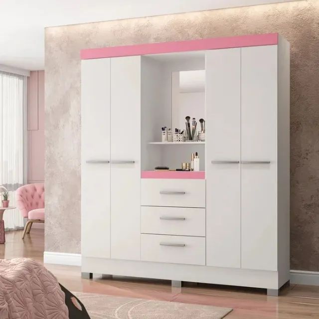 Guarda Roupa Infantil 4 Portas 3 Gavetas Caribe Com Espelho Branco Rosa - Montagem Grátis 