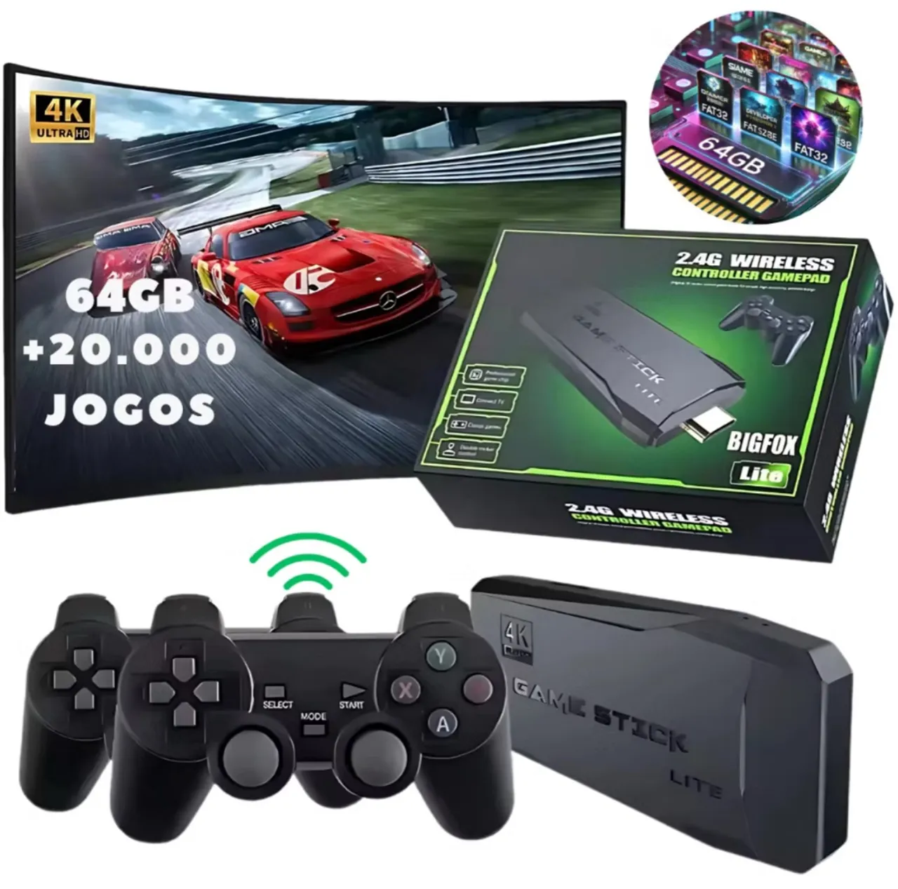 Videogame Stick 4K 64gb 2 Controles Sem Fio Console Portatil com 20.000 Jogos Retro Antigo