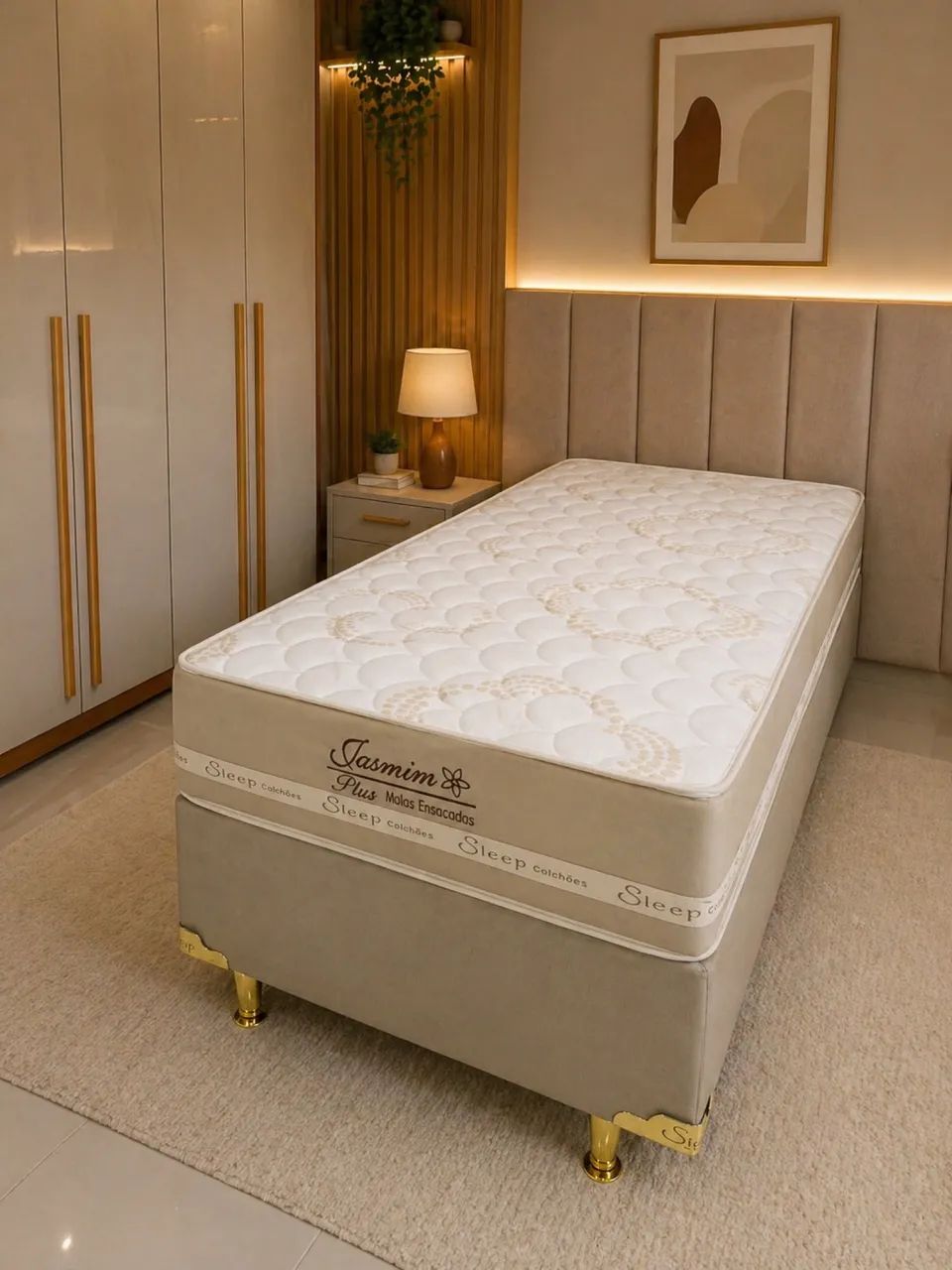 Cama Box solteiro Jasmin Plus, base + colchão com molas ensacadas - Entrega imediata;
