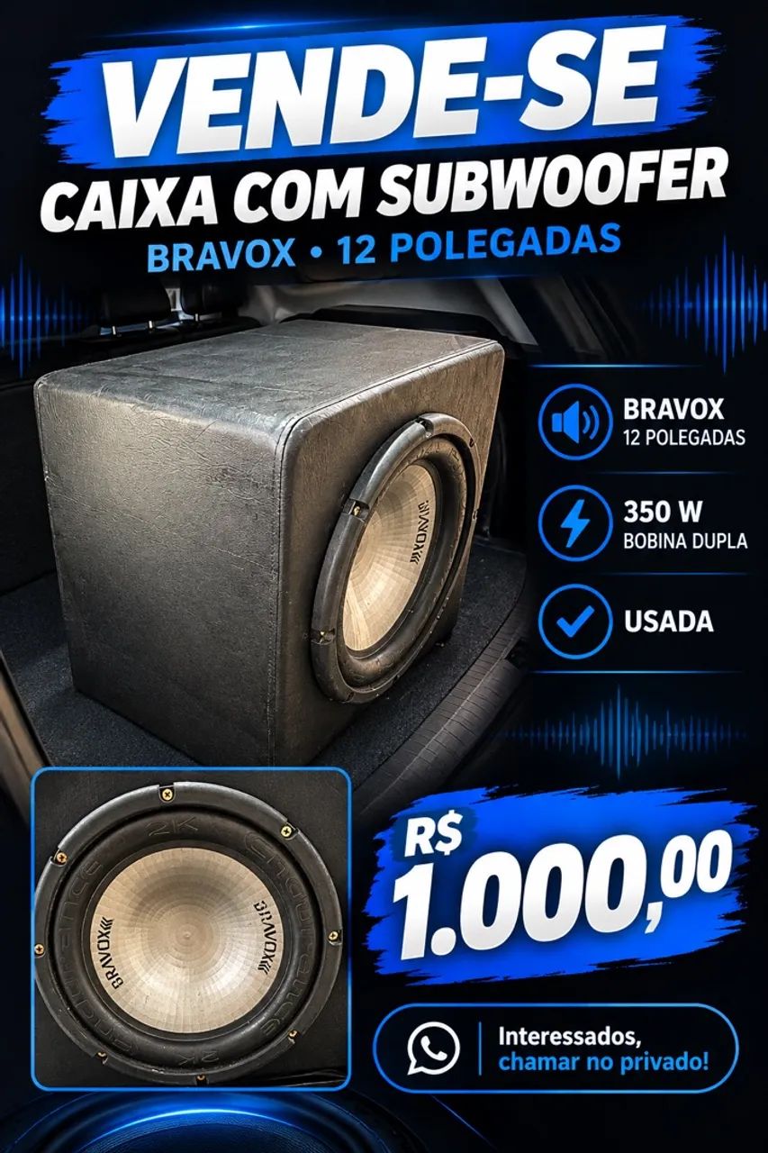 ? Caixa com subwoofer Bravox de 12 polegadas ? Potência informada: 350 W ? Bobina dupla ? 