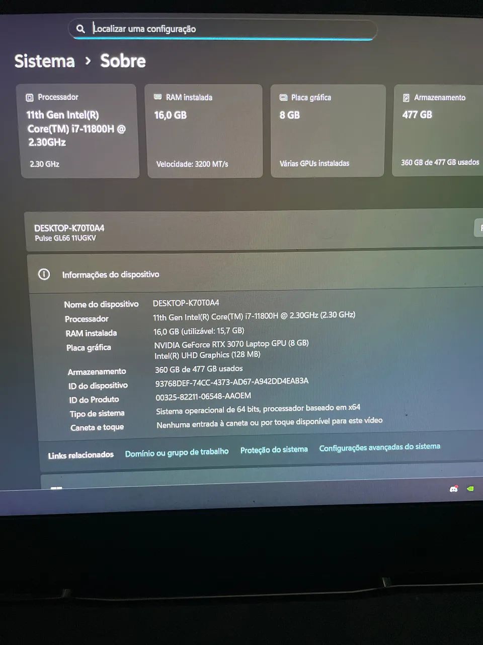 Notebook msi i7 11800h rtx 3070(8gb) 16gb ram 500gb ssd sem