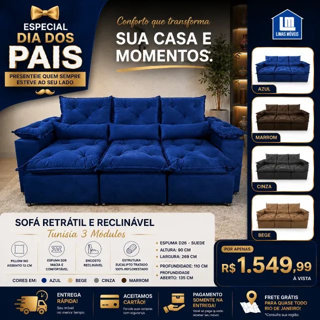 SOFÁ RETRÁTIL E RECLINÁVEL 3 MÓDULOS 270 CM