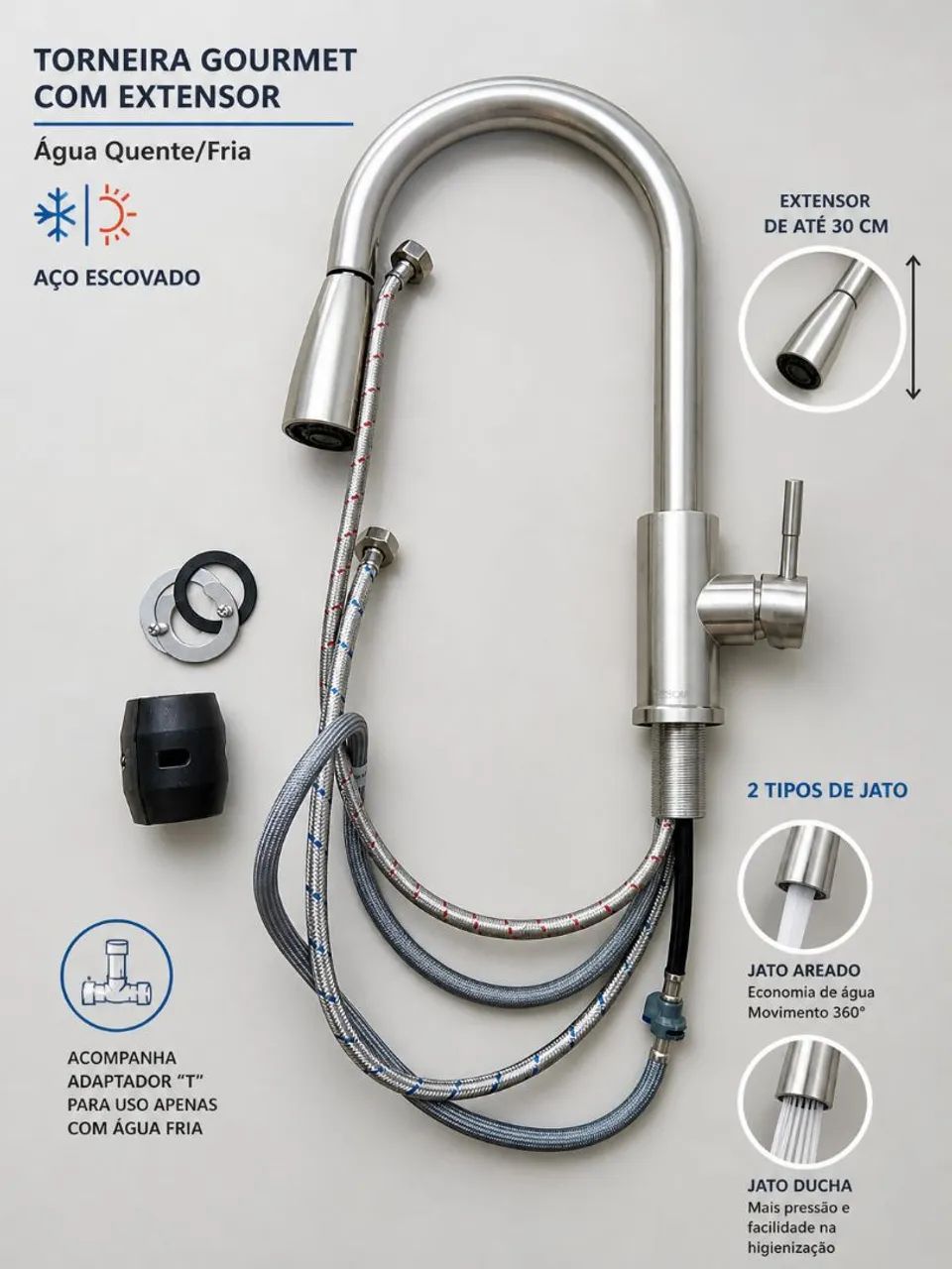 Torneira Gourmet Escovada com Extensor - Possibilidade de Água Quente/Fria